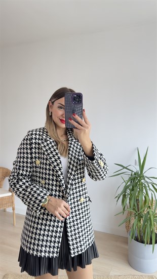 Kazayağı Desen Gold Düğme Blazer Ceket
