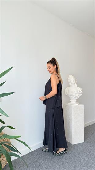 Siyah Kuşgözü Detaylı Etekli Bluz Takım