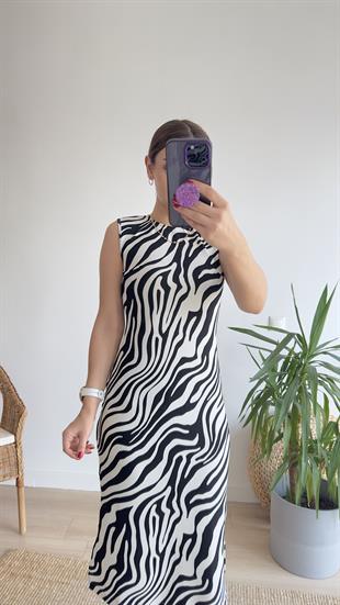 Flori Zebra Desen Yırtmaçlı Elbise