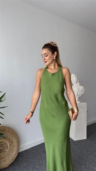 Burgu Detay Sırt Dekolteli Yeşil Massi Elbise 