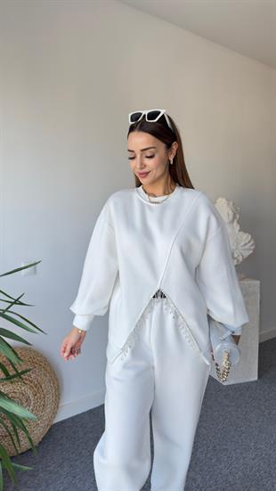 Beyaz V Taş Detaylı Sweatshirt