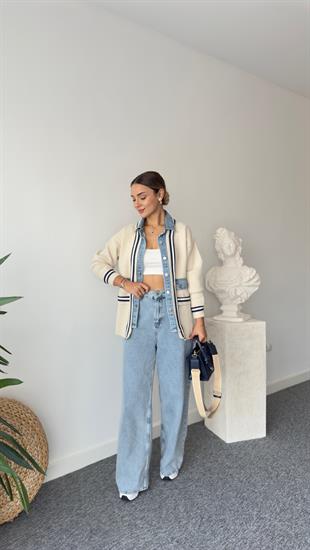 Mavi Şeritli Kot Detaylı Premıum Hırka