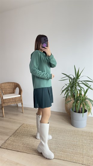 Kapüşonlu Yeşil Sweat Elbise 