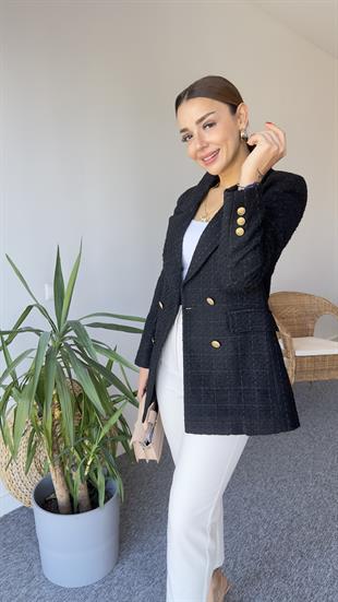 Gold Düğme Siyah Tüvit Blazer Ceket