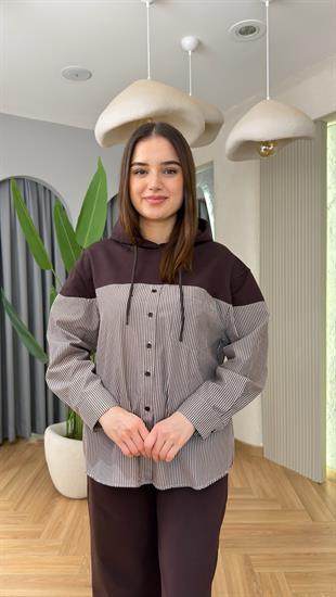 Kahve Gömlek Garnili Kapüşonlu Spor Takım