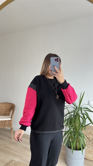  Kolları Pembe Kapitone Tasarım Sweat