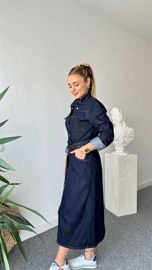 Vela Kuşaklı Lacivert Jean Elbise 