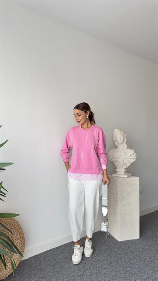 İnci Detaylı Sırt Poplin Pembe Modal Sweat