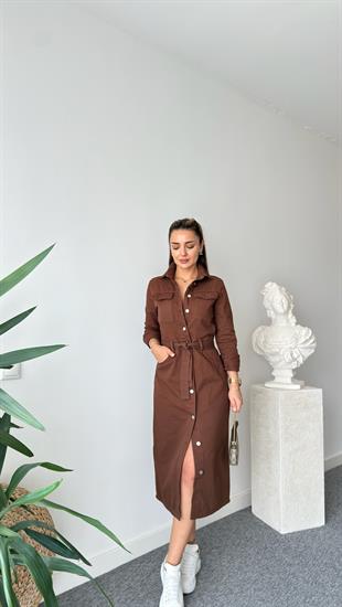 Kahve Vuko Kemerli Gabardin Elbise