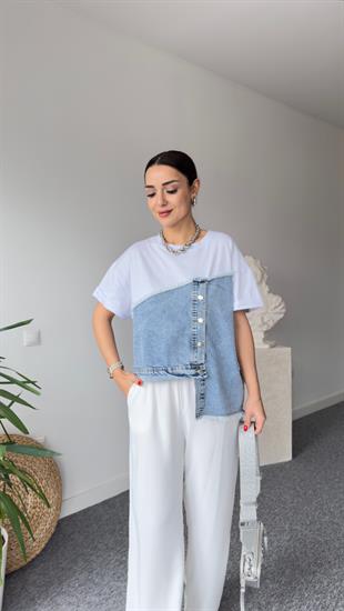 Asimetrik Kot Detaylı Beyaz Tshirt