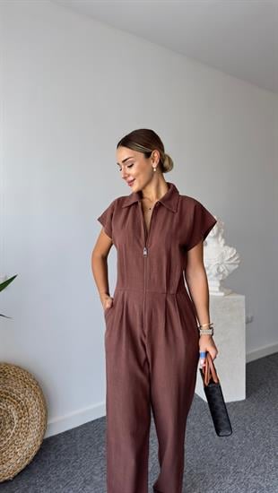Selvie Kahve Önden Fermuarlı Tulum