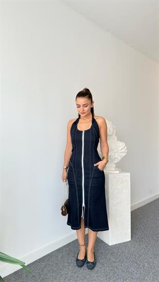 Reyes Marka Model Fermuarlı Lacivert Jean Elbise 