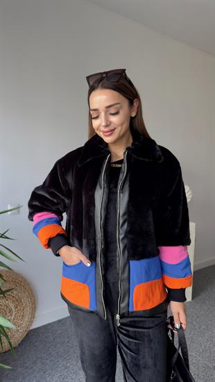 Lion Renk Geçişli Siyah Peluş Mont