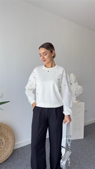 Zack Marka Model Taş Detaylı Beyaz Sweatshirt