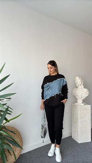 Moren Asimetrik Kotlu Siyah Sweatshirt