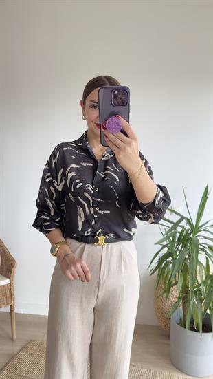 Fiona Desenli Siyah Vual Gömlek