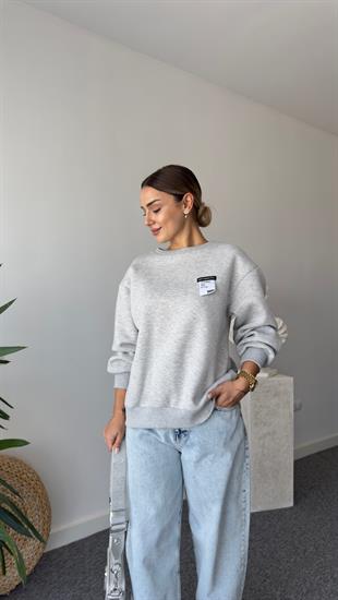 Berlin Fermuar Ve Yazı Detaylı Gri Sweatshirt