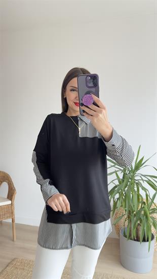 Gömlek Garnili Siyah Sweat