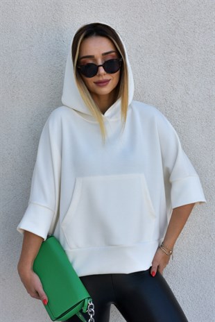 Modal Kumaş Kapüşonlu Ekru Sweat	