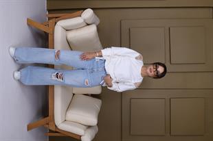 Beyaz Loden Pencere Detay Taş İşlemeli Modal Sweat