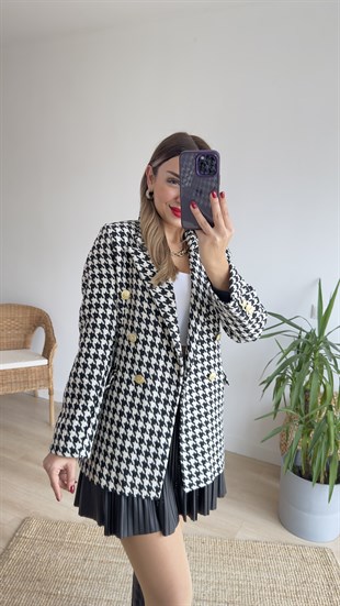 Kazayağı Desen Gold Düğme Blazer Ceket