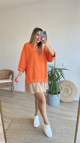 Yırtmaç Detaylı Salaş Turuncu Sweatshirt	