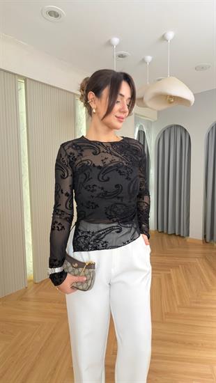 Siyah Mailes Desenli Transparan Bluz