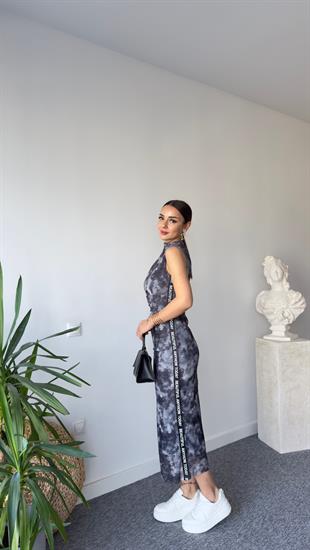 Yan Yazılı Batik Desen Sandy Elbise