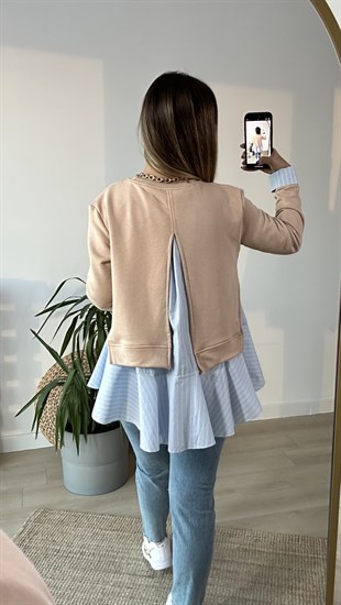 Çizgili Gömlek Detaylı Bej Sweat