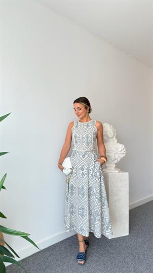 Lacivert Keten Üzeri Desenli Etekli Takım 