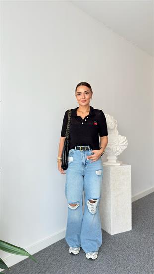 Siyah Kiraz Detaylı Triko Bluz