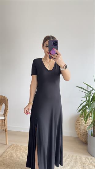 Vilinze Yırtmaçlı Siyah Basic Elbise