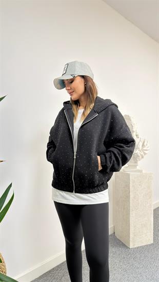Siyah Nillo Taş Detaylı Şardonlu Sweatshirt