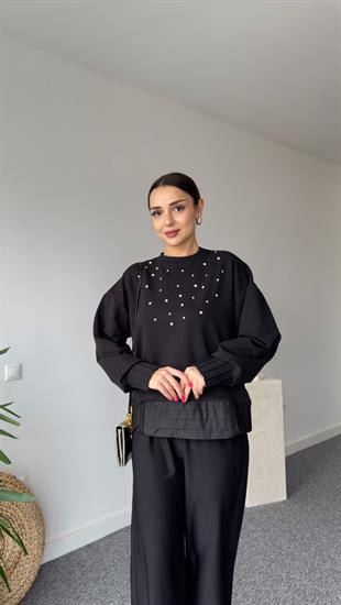 Marka Model Taş Detaylı Siyah Sweat