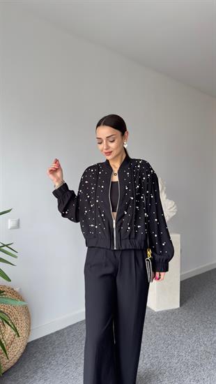 New İncili Siyah Bomber Ceket