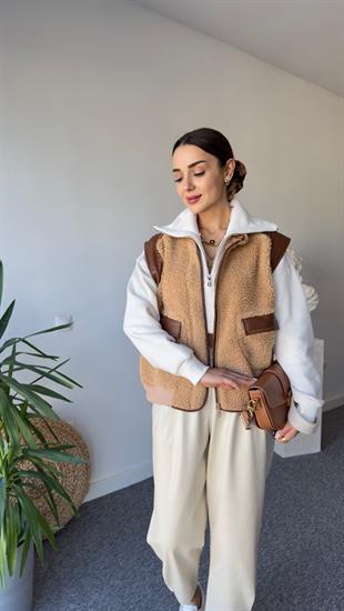 Kahve Deri Detaylı Teddy Yelek