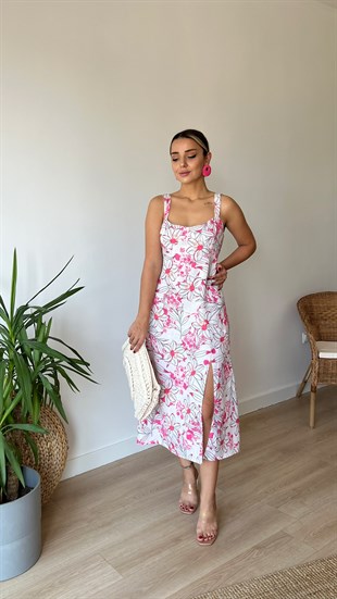 Arkası Fiyonklu Pembe Keten Elbise
