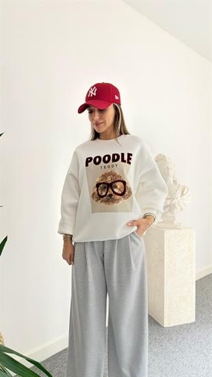 Poodle Teddy Baskılı Beyaz Sweatshirt