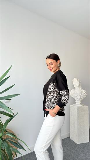 Onyi Yanlar Leopar Detaylı Siyah Sweatshirt
