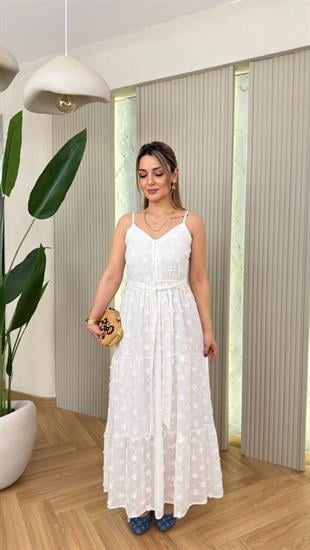 Lelia Çiçek İşlemeli Ekru Elbise