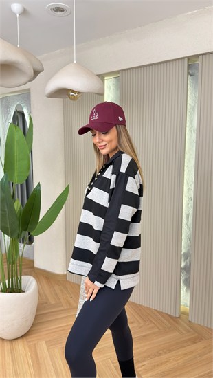 Nelsi Poplin Detaylı Polo Yaka Çizgili Sweatshirt