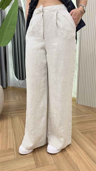 Bej Ham Keten Bol Paça Pantolon