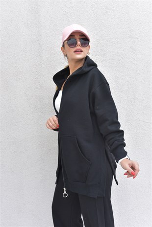 Şardonlu Yanları Yırtmaçlı Siyah Sweatshirt