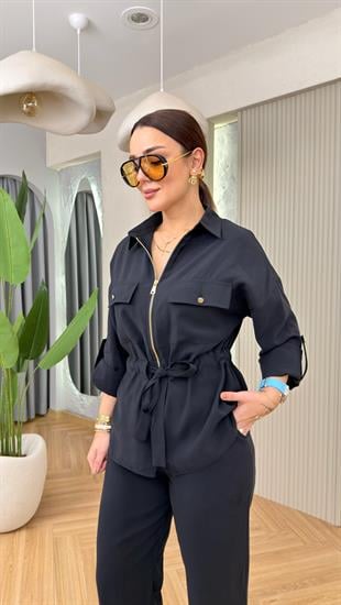 Siyah Lavita Fermuarlı Bel Büzgülü Takım