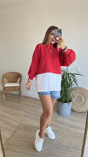 Balıkçı Yaka Tshirt Detaylı Kırmızı Sweat