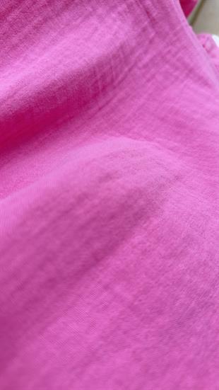 Eteği Fırfırlı Pembe Keten Elbise 