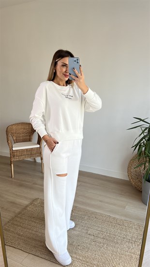Yazı Detaylı İki İplik Beyaz Sweat