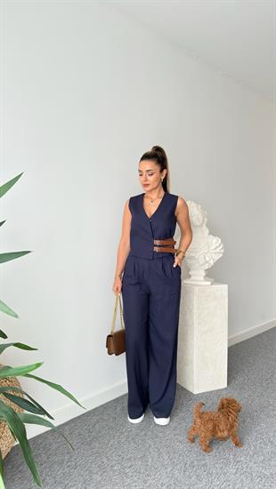 Pevil Kemer Detaylı Lacivert Yelek Pantolon Takım