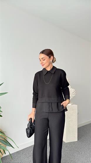 Şifon Gömlek Detaylı Siyah Modal Sweat