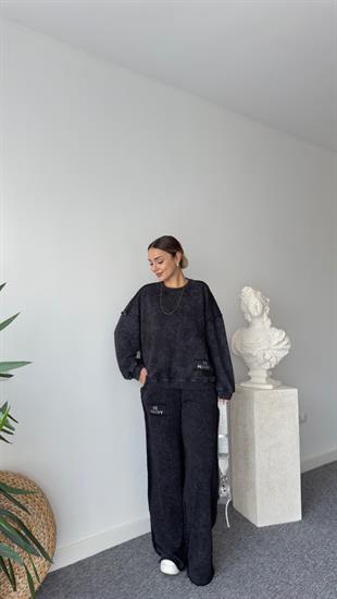 Taş Yazı Detaylı Yıkamalı Antrasit Eşofman Takımı